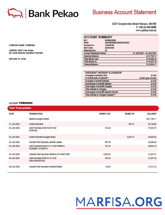 Printable Bank Pekao S. A company statement Word and PDF template